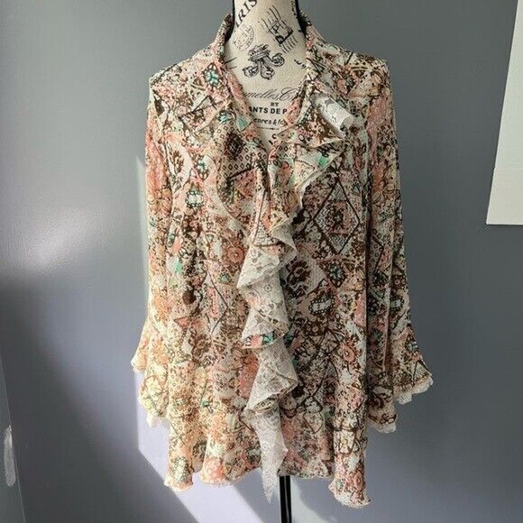 Dress Barn Tops - Dress barn button up ruffle bell sleeve v-neck collared multi patterned blouse